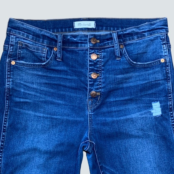 Madewell 10” High Rise Skinny Stretch Exposed Button Blue Jeans Size 32 in EUC - Picture 1 of 12